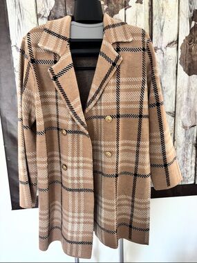 Anne Klein Tan Plaid Double-Breasted Trench Coat